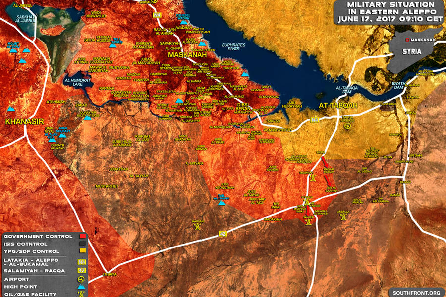 Prov. de Alepo / Prov. de Raqqa Junio 17, 2017 – Avance leal hacia Resafa (Mapa SouthFront).