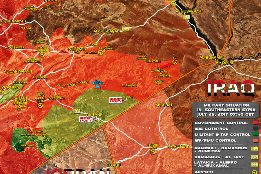 Sudeste de Siria / Julio 25, 2017 – Recuperación de Estación T2, sur de la Prov. de Deir Ezzor. (Mapa SouthFront).