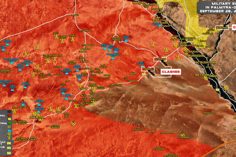 Prov. de Deir Ezzor / Septiembre 28, 2017 – Avance leal al sudeste y noroeste de la ciudad y avance kurdo desde el banco noreste del Éufrates - (Mapa SouthFront).  