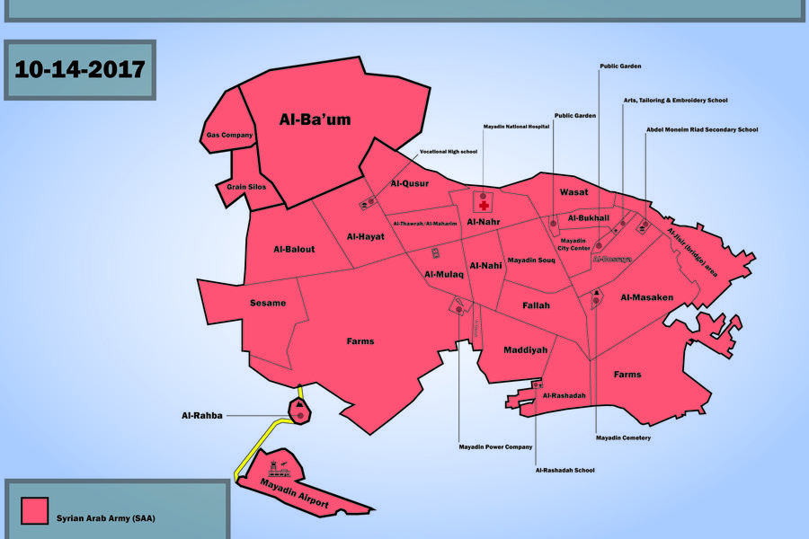 Ciudad de Mayadin - Prov. de Deir Ezzor | Octubre 14, 2017 – Liberación de la ciudad por parte del EAS - (Mapa SouthFront).  