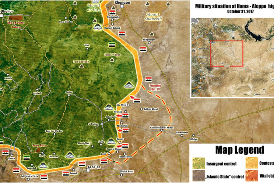 Noreste de la Provincia de Hama: área que indica el reciente avance (encerrado en línea de puntos) del EAS sobre Al Nusra | Octubre 31, 2017  (Mapa @PetoLucem).