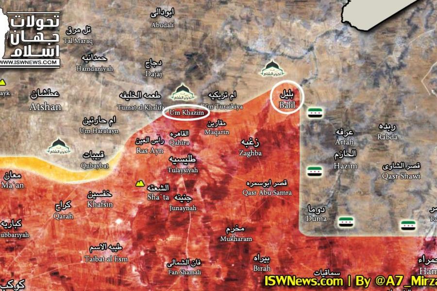 Provincia de Hama (Norte) |  Noviembre 9, 2017 – Detalle de la zona tras la recuperación leal de Balil y Um Khazim - (Mapa @A7_Mirza). 