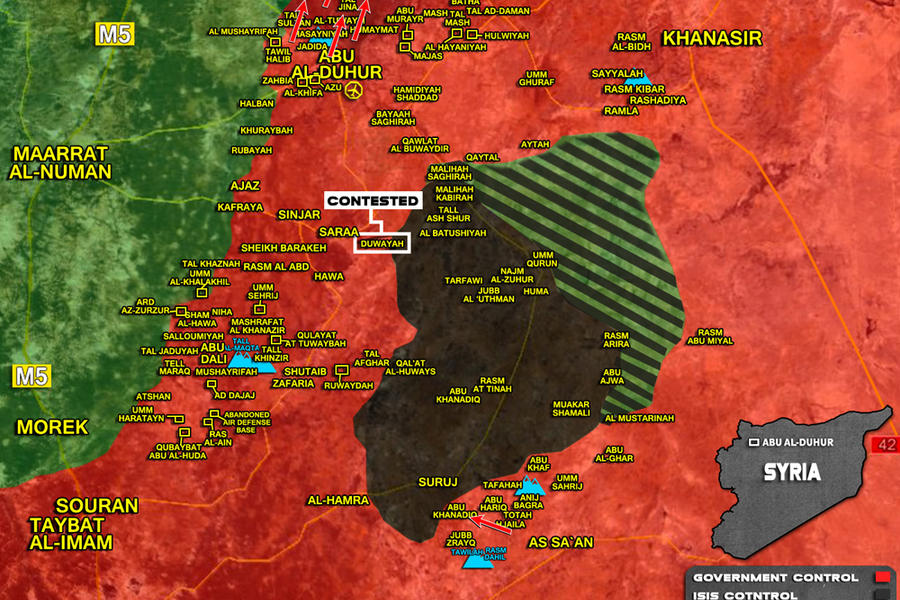Cantón de Idleb (Sur) lindante con provincias de Hama y Alepo |  Febrero 2, 2018 – Área de Abu Duhur - (Mapa SouthFront). 
