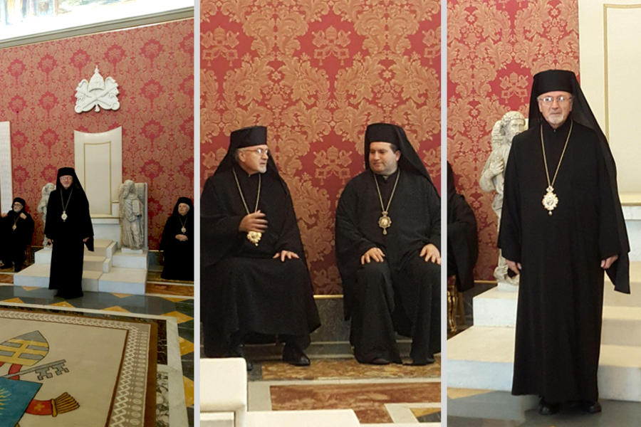 Monseñor Ibrahim Salameh Karam, Exarca Apostólico para los fieles del rito Greco-Melquita en Argentina junto a sus hermanos obispos aguardando el encuentro con el Papa Francisco (Foto: Exarcado Greco Melquita de Argentina). 