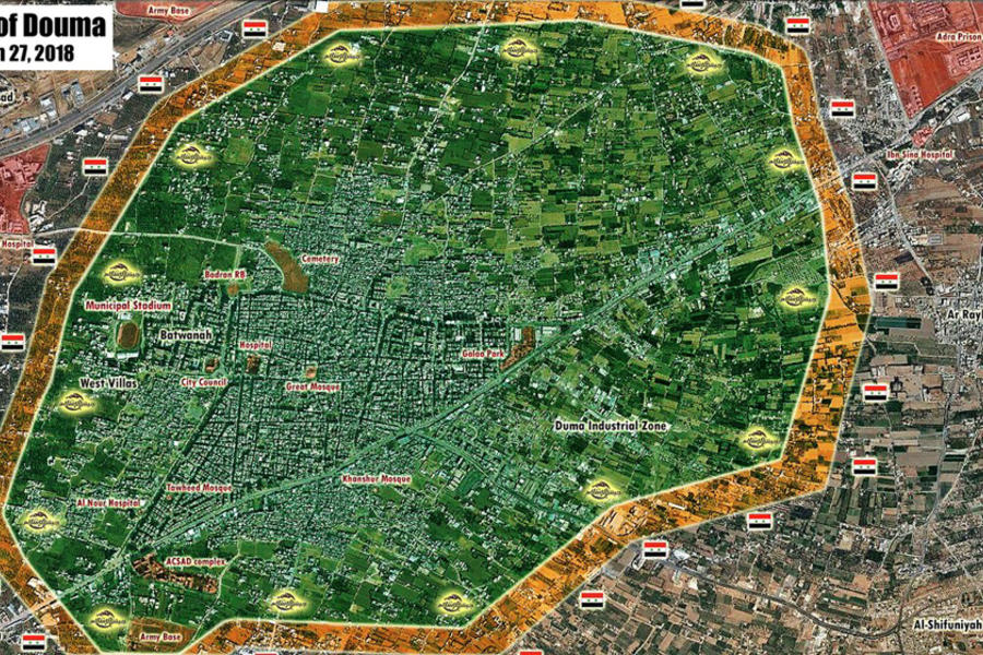 Provincia de Damasco |  Marzo 27, 2018 – Situación en el cantón de Douma en Ghouta Oriental (Mapa: @PetoLucem). 