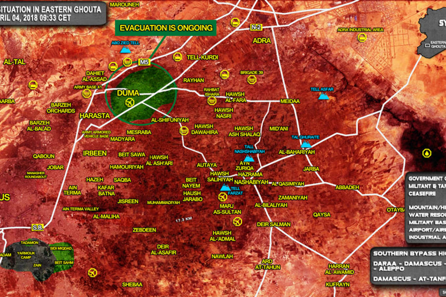 Provincia de Damasco |  Abril 4, 2018 – Situación en Ghouta Oriental - Douma (Mapa: SouthFront). 