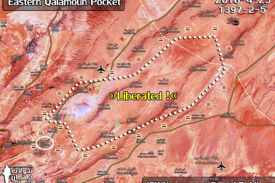 Provincia de Damasco | Abril 25, 2018 – Cantón de Qalamoun Oriental liberado - (Mapa: ISWN). 