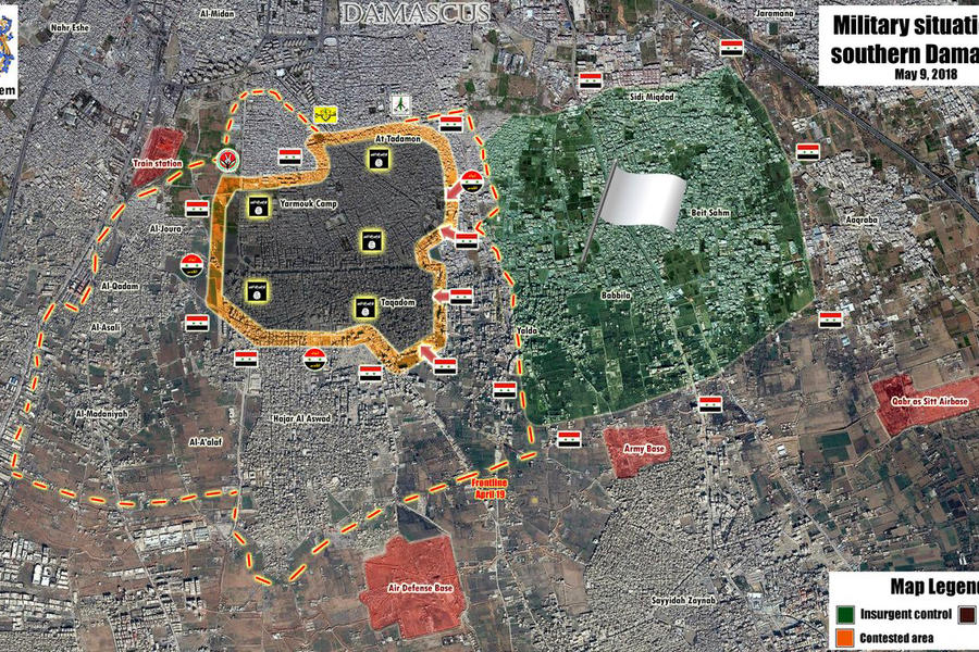 Damasco | Mayo 9, 2018 – Cantón Sur (Yarmouk) - (Mapa @PetoLucem). 