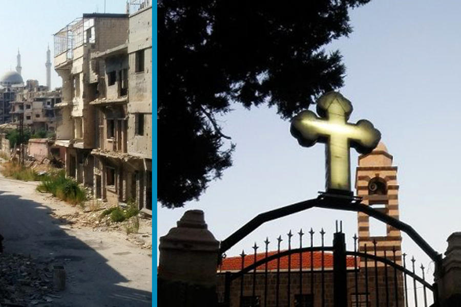 Izq.: Barrio de Hamidiyeh, al fondo la mezquita de Jaled Ibn al Walid | Der.: La Iglesia de San Jorge y su tejado nuevo (Fotos: Pablo Sapag M.)