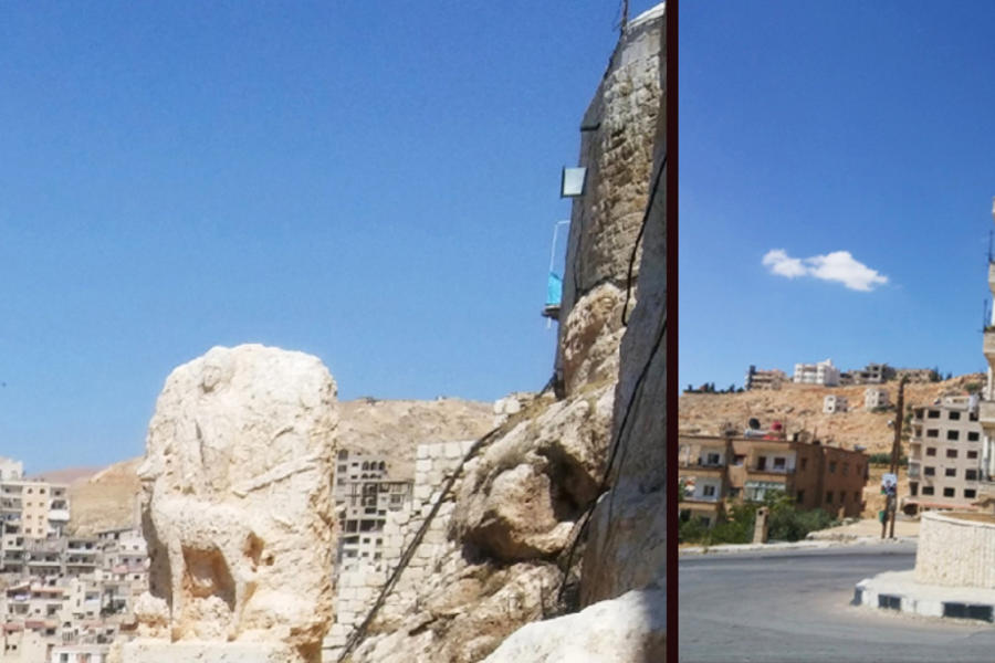 Izq.: Vista de la ciudad de Saidnaya. En primer plano, estatua de una gacela y la Virgen que se apareció al Emperador Justiniano | Der.: El carácter mariano de Saidnaya se revela a cada paso. Plaza de María (Fotos: Pablo Sapag M.)