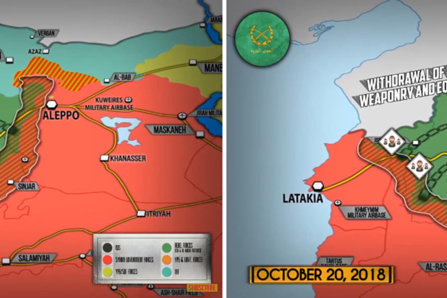 Idleb: Hoja de ruta de acuerdo de desmilitarización |  Izq.: 15/10/2018 Retiro de armas pesadas ◄► Der.: 20/10/2018 Retiro de los grupos armados (Mapas SouthFront)