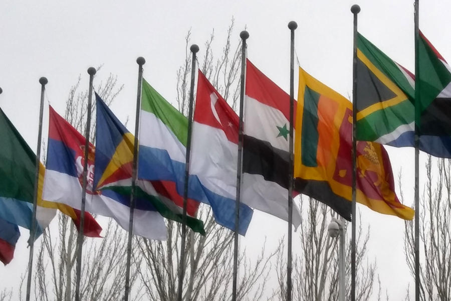 La bandera de la República Árabe Siria junto a la de los otros 164 países participantes en FITUR 2020 (Foto: Pablo Sapag M.)