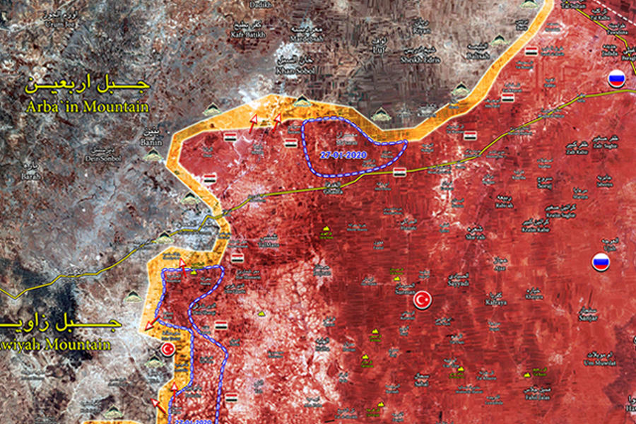 Avances del EAS al noreste y sudeste de Ma'arat al-Nu'man. Cerco a la ciudad | Enero 27,2020 (Mapa ISWN)