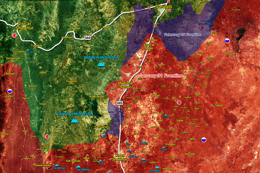 Situación en el sudeste del cantón de Idleb | Febrero 5,2020 - Comparación de avance desde el 31 de enero (Mapa SF)