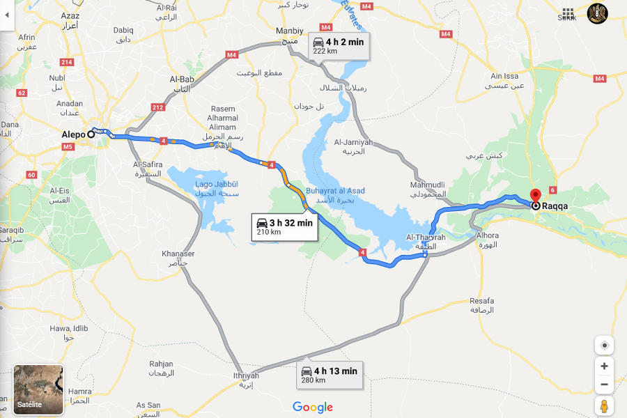 Detalle de Ruta Alepo-Raqqa y rutas alternativas