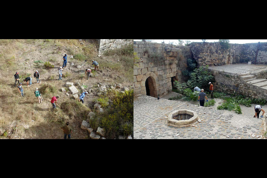 Voluntarios trabajan en la protección de la Fortaleza Al-Hosn (Fotos: SANA)