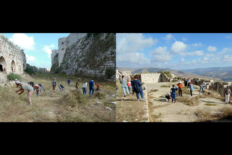Voluntarios trabajan en la protección de la Fortaleza Al-Hosn (Fotos: SANA)