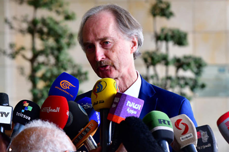 Declaraciones a la prensa del Enviado de la ONU, Geir Pedersen, tras la reunión (Foto: SANA)
