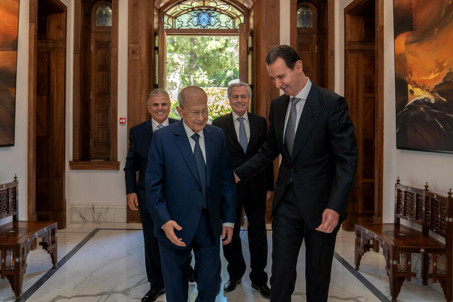 El presidente Bashar al-Asad recibe la visita del ex presidente del Líbano, Gral. Michel Aoun | Damasco, Junio 6, 2023 (Foto: Presidencia Siria)