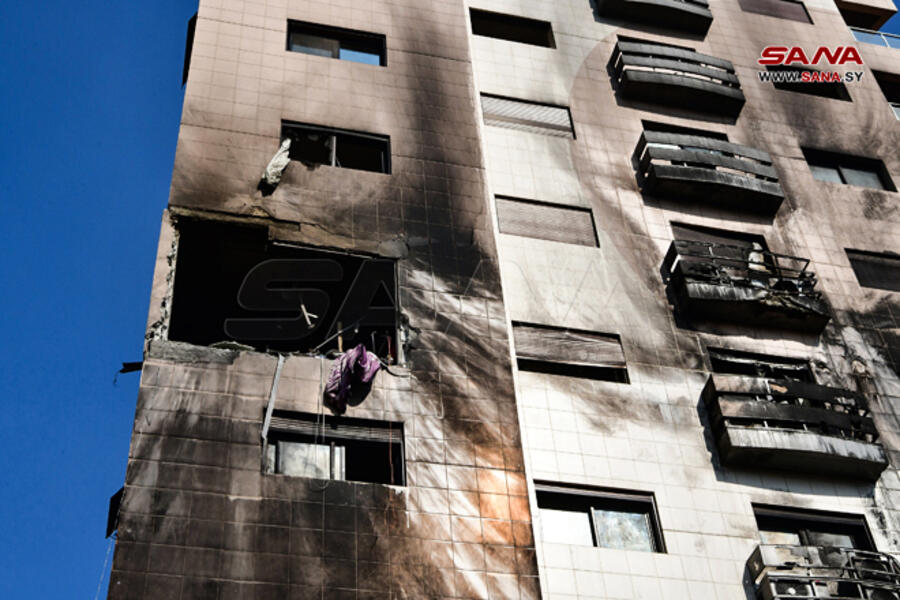 Ataque aéreo del régimen israelí contra un edificio residencial en Kafar Sousah | Damasco, febrero 21, 2024 (Foto: SANA)