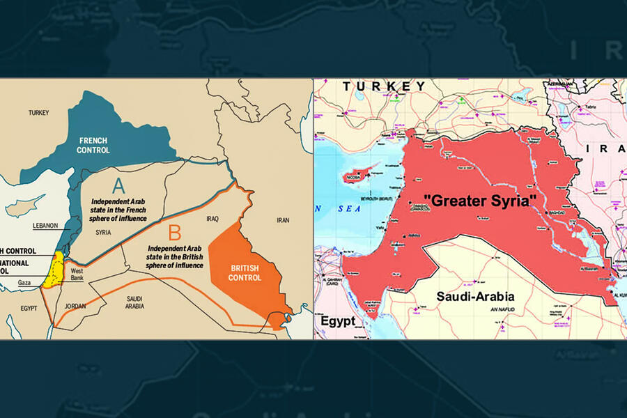 Mapas mostrando como o Acordo secreto Sykes-Picot de 1916 (esquerda) definiu um plano de balcanização em favor da agenda colonial franco-britânica para a Síria Natural (Bilad al-Sham - direita)