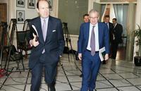 French Presidential Envoy Jean-Francois Girault, left, and French Ambassador to Lebanon Patrice Paoli arrive at the Foreign Ministry in Beirut, Tues...