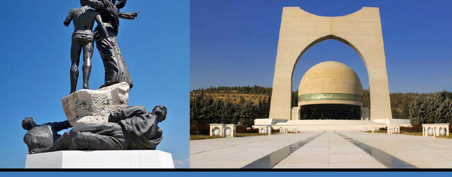 Monumentos nacionales que recuerdan a los mártires de 1916 en Damasco y Beirut en los que hasta hace poco se conmemoraba oficialmente la fecha del Día de los Mártires (Fotos: redes / Diseño: DSL)