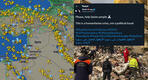 A la izquierda: mapa en tiempo real con la circulación de aviones en la zona / A la derecha: tweet pidiendo ayuda de un ciudadano sirio / Fondo: rescate de la defensa civil rusa y siria en edificio de Jableh, en el que están enterradas bajo los escombros 18 familias y más de 15 niños (Fotos: redes)