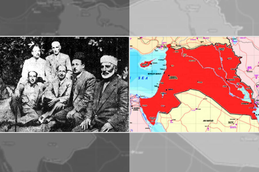A la izquierda ► Destacados nacionalistas sirios a finales de la década de 1920: sentados, de izq. a der.: Shukri al-Quwatli (futuro presidente), Saadallah al-Jabiri (futuros primer ministro), Rida al-Shurbaji (cofundador del Bloque Nacional), Sheikh Saleh al-Ali, comandante de la Revuelta de la Costa Siria de 1919. De pie están Hajj Adib Kheir (izquierda) e Ibrahim Hananu, comandante de la Revuelta de Alepo. /// A la derecha: mapa de la Siria Natural