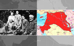 A la izquierda ► Destacados nacionalistas sirios a finales de la década de 1920: sentados, de izq. a der.: Shukri al-Quwatli (futuro presidente), Saadallah al-Jabiri (futuros primer ministro), Rida al-Shurbaji (cofundador del Bloque Nacional), Sheikh Saleh al-Ali, comandante de la Revuelta de la Costa Siria de 1919. De pie están Hajj Adib Kheir (izquierda) e Ibrahim Hananu, comandante de la Revuelta de Alepo. /// A la derecha: mapa de la Siria Natural