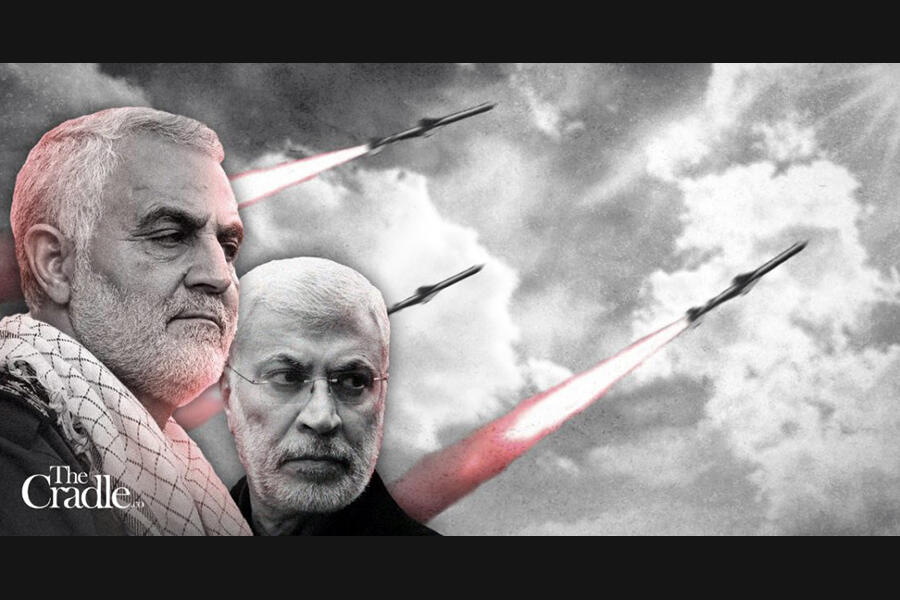 Los asesinatos en Bagdad de los comandantes anti-ISIS Qassem Soleimani y Abu Mahdi al-Muhandis desencadenaron un ataque con misiles balísticos iraníes sin precedentes contra bases militares de EEUU en Irak. (Ilustración: The Cradle)