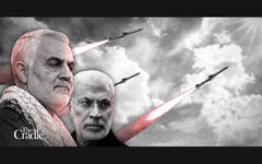 Los asesinatos en Bagdad de los comandantes anti-ISIS Qassem Soleimani y Abu Mahdi al-Muhandis desencadenaron un ataque con misiles balísticos iraníes sin precedentes contra bases militares de EEUU en Irak. (Ilustración: The Cradle)