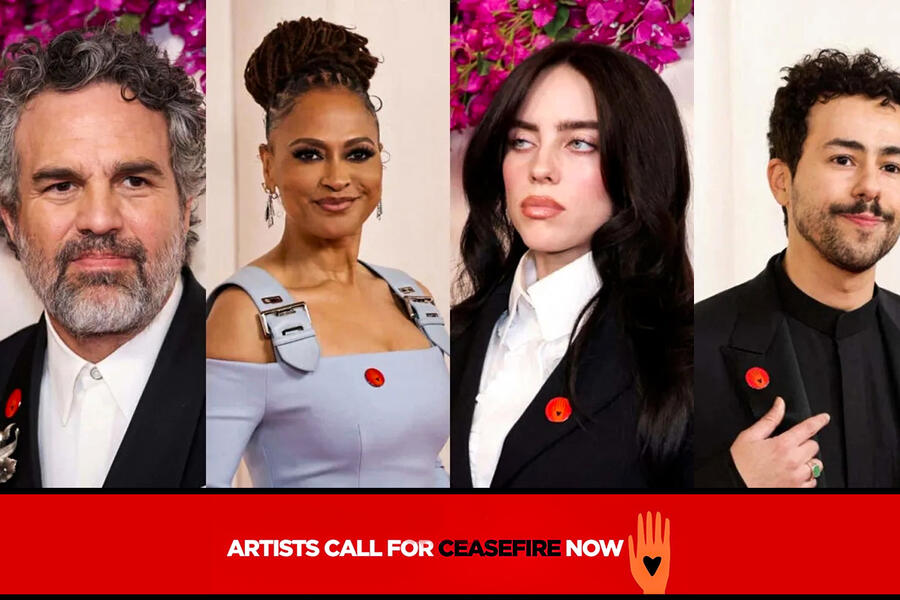 Mark Ruffalo, Ava DuVernay, Billie Eilish y Ramy Youssef entre las celebridades con un pin de Artists4Ceasefire (Fotos: JC Olivera y Marleen Moise / Getty Images via AFP)