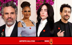 Mark Ruffalo, Ava DuVernay, Billie Eilish y Ramy Youssef entre las celebridades con un pin de Artists4Ceasefire (Fotos: JC Olivera y Marleen Moise / Getty Images via AFP)